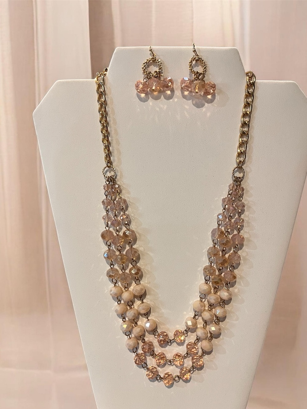 Vintage Elegant Blush Pink & Gold tone Multi-Strand Beaded Necklace Earring Set